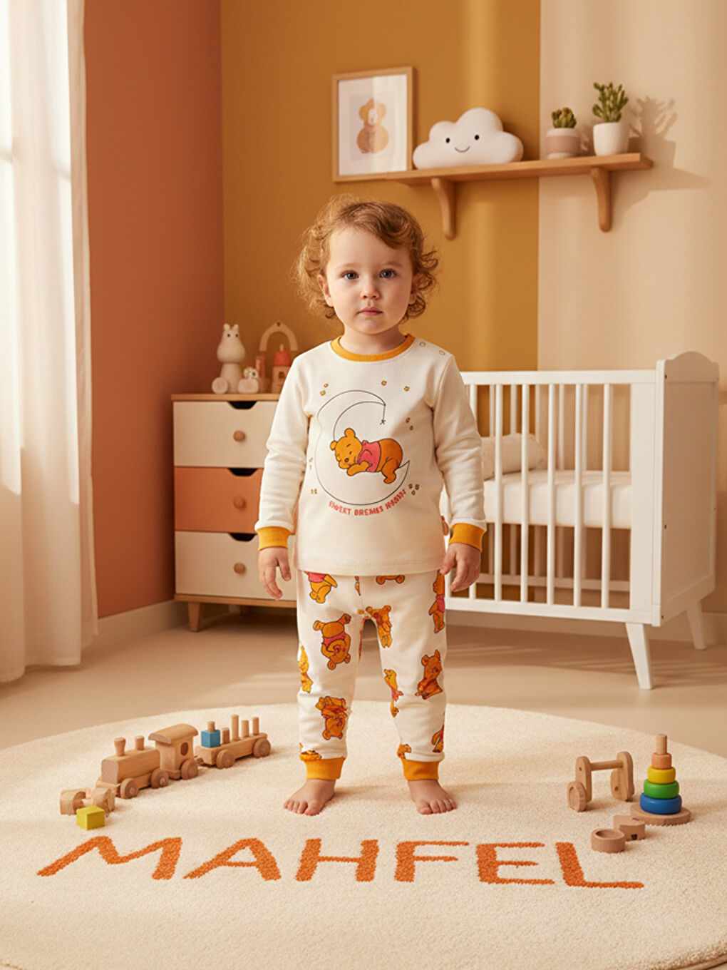 Ekru %100 Pamuklu Ballı Teddy Bear Baskılı Çocuk Pijama Takımı 1-6 Yaş-1