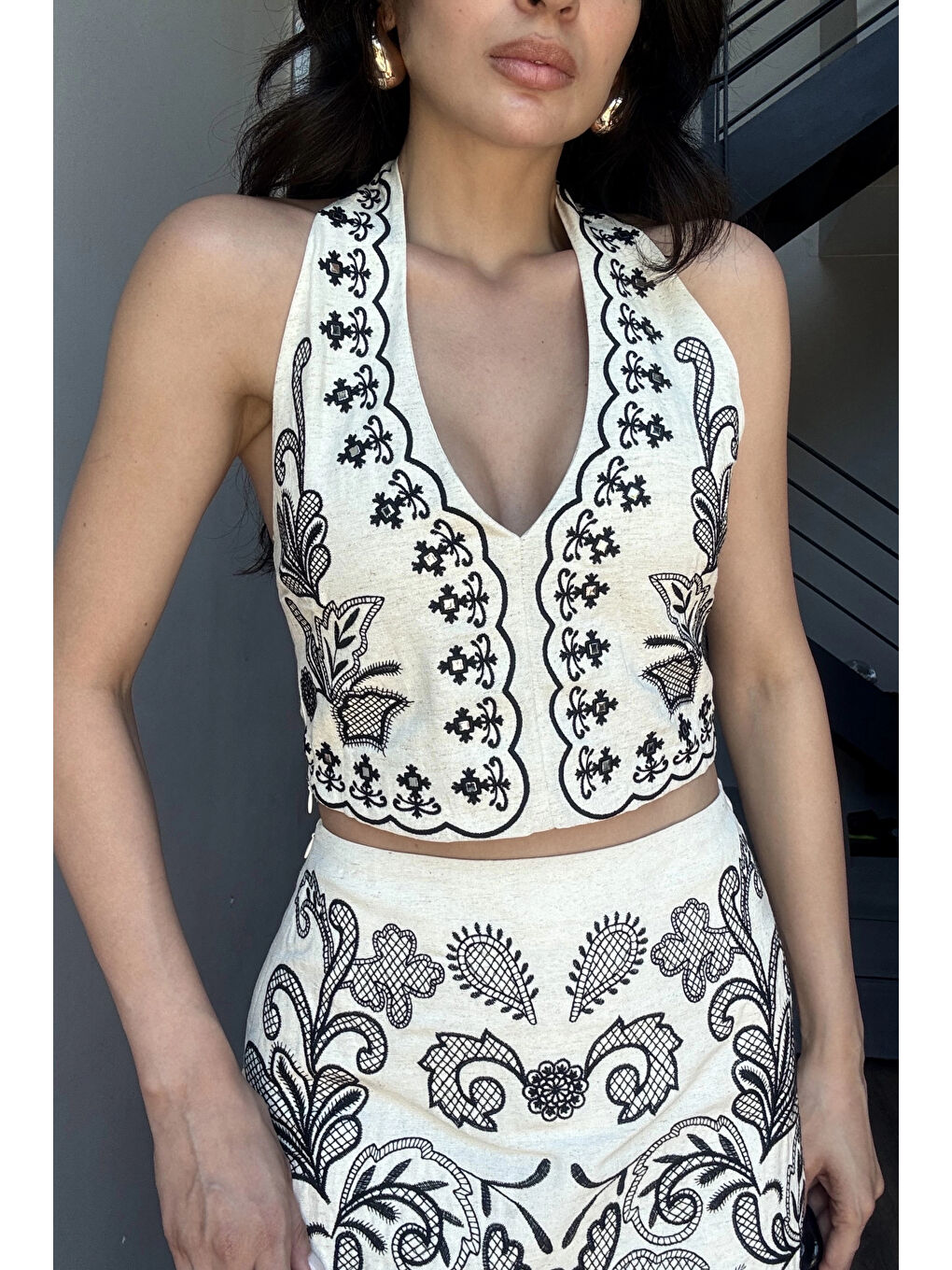 Kadın Bej Halter Yaka Nakışlı Takım 0267-0642-1