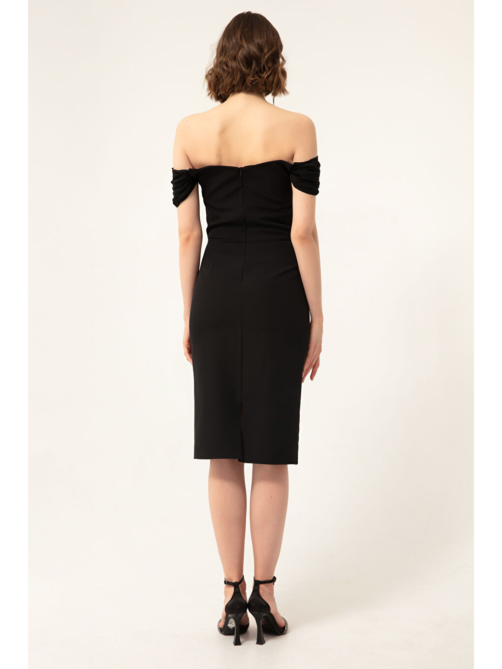 Kadın Siyah Kayık Yaka İncili Midi Abiye-4