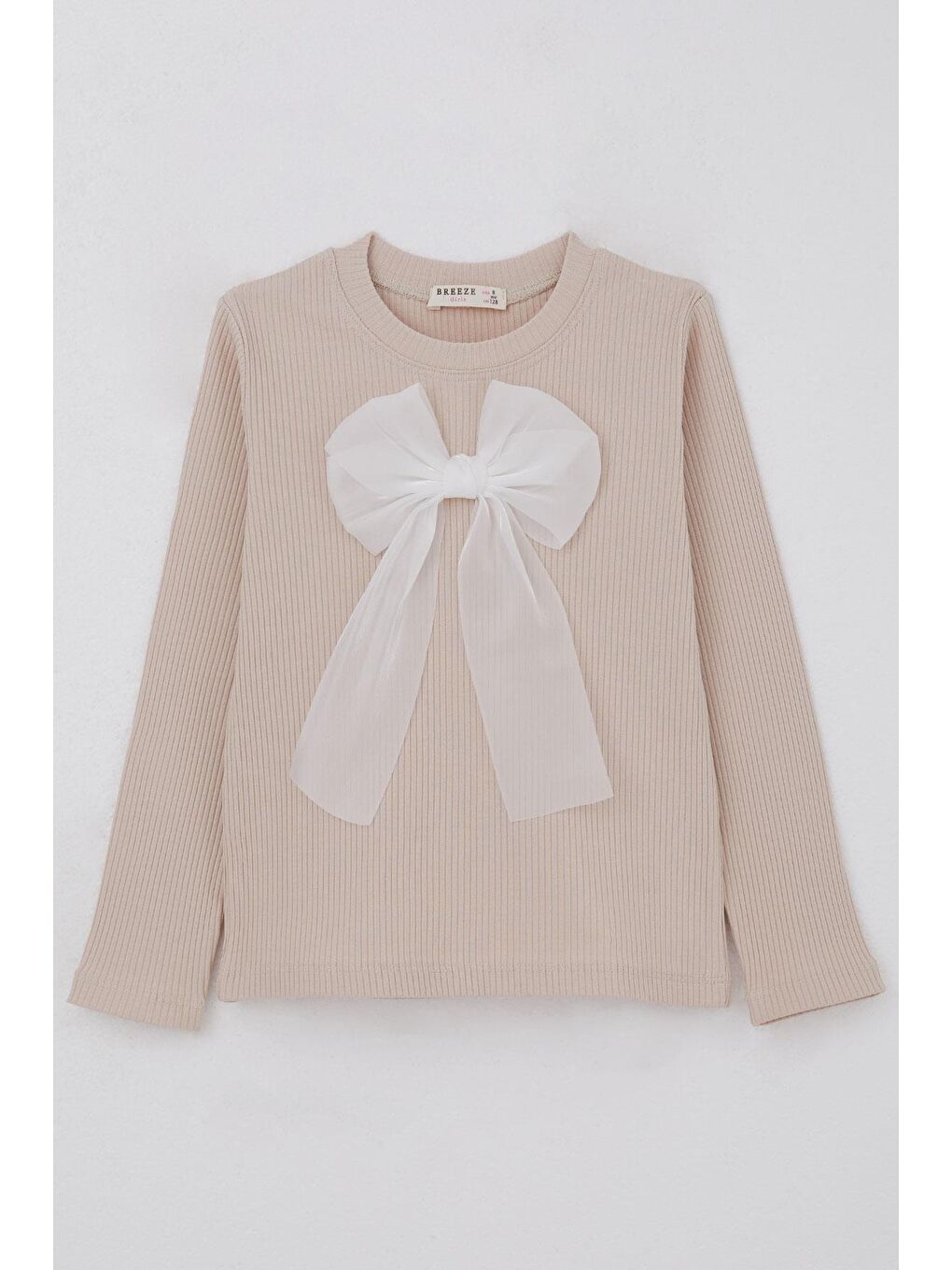 Kız Çocuk Uzun Kollu Tişört Fiyonk Aksesuarlı Bej (8-12 Yaş)-3