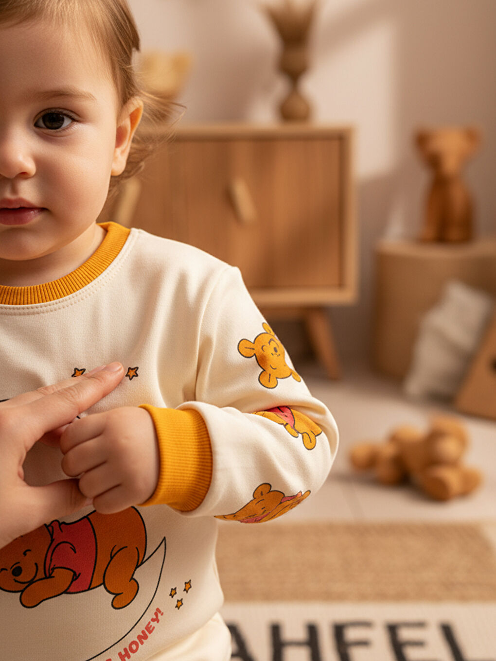 Ekru %100 Pamuklu Ballı Teddy Bear Baskılı Çocuk Pijama Takımı 1-6 Yaş-2