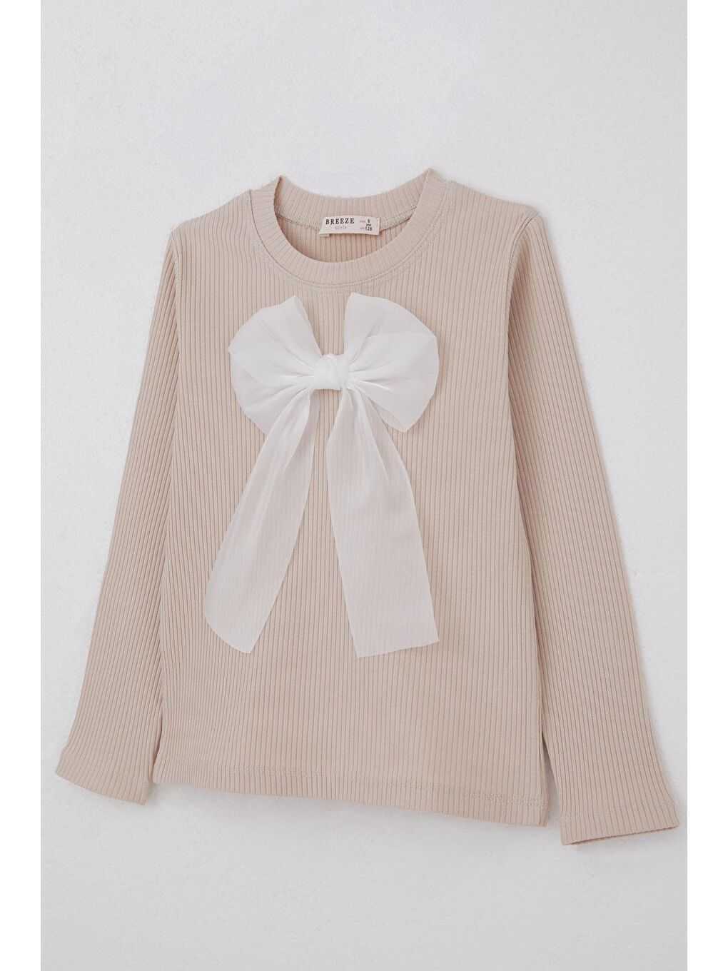 Kız Çocuk Uzun Kollu Tişört Fiyonk Aksesuarlı Bej (8-12 Yaş)-5