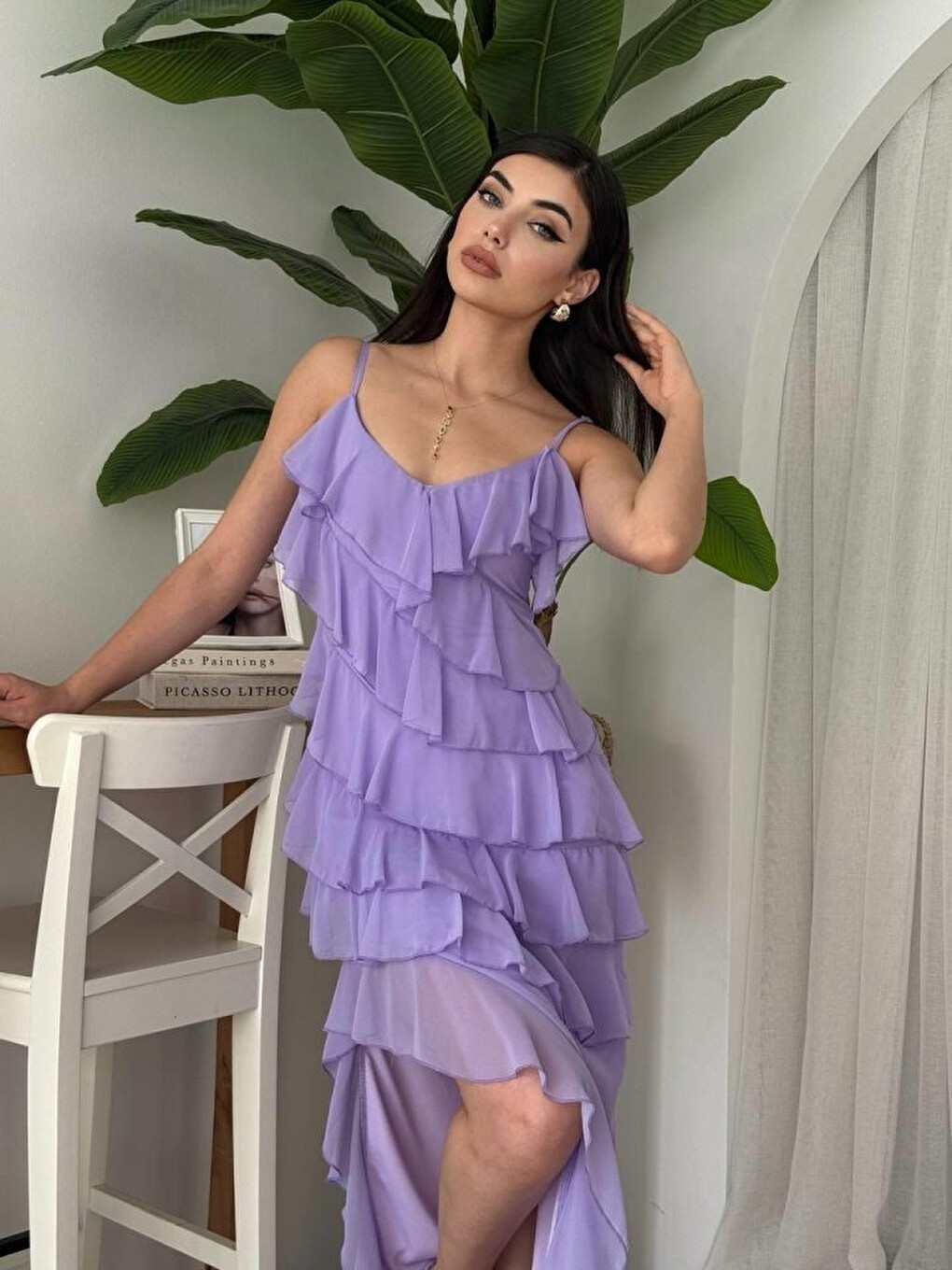 Lila Ples Yırtmaç Detaylı Elbise-4