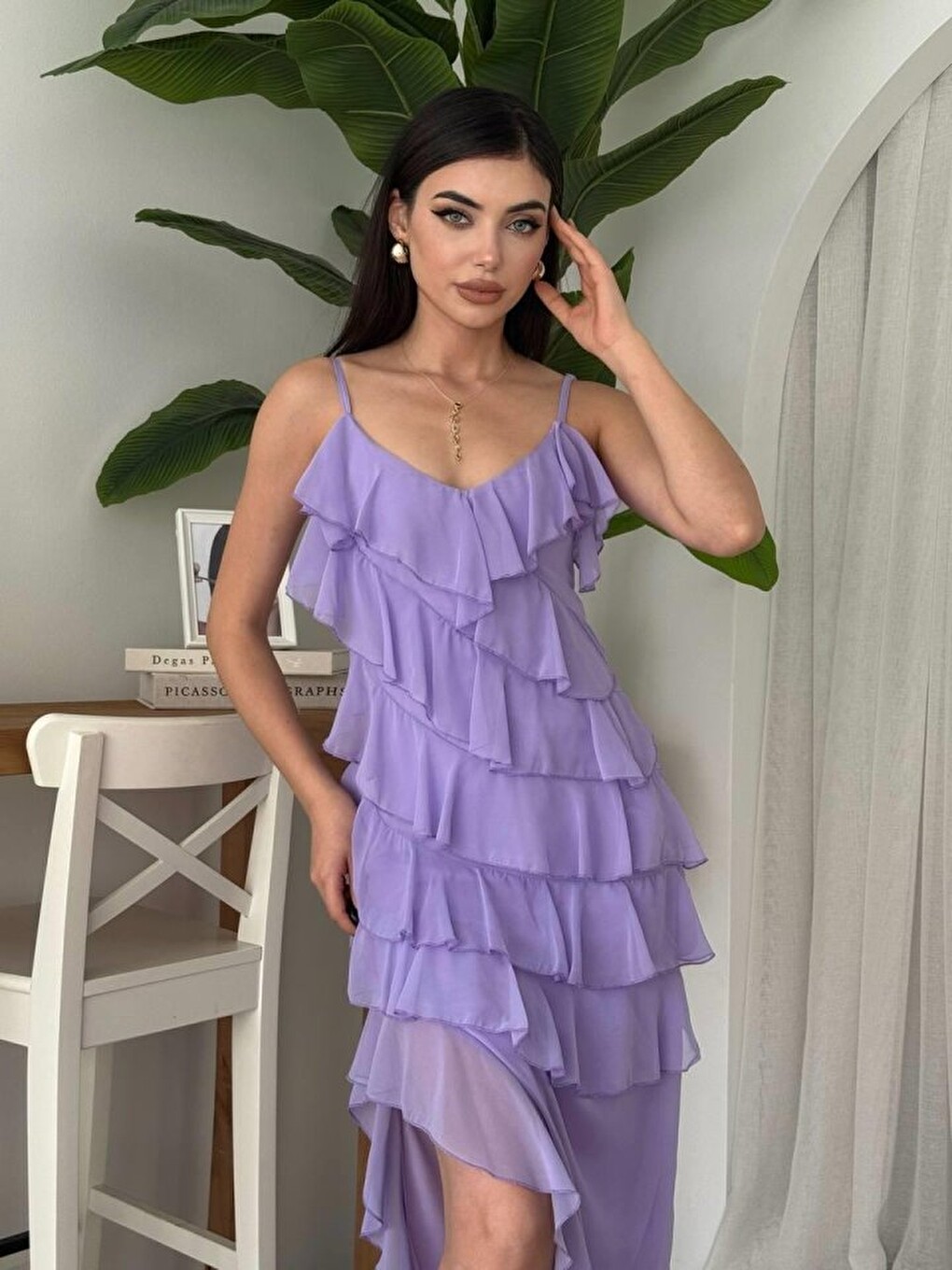 Lila Ples Yırtmaç Detaylı Elbise-7