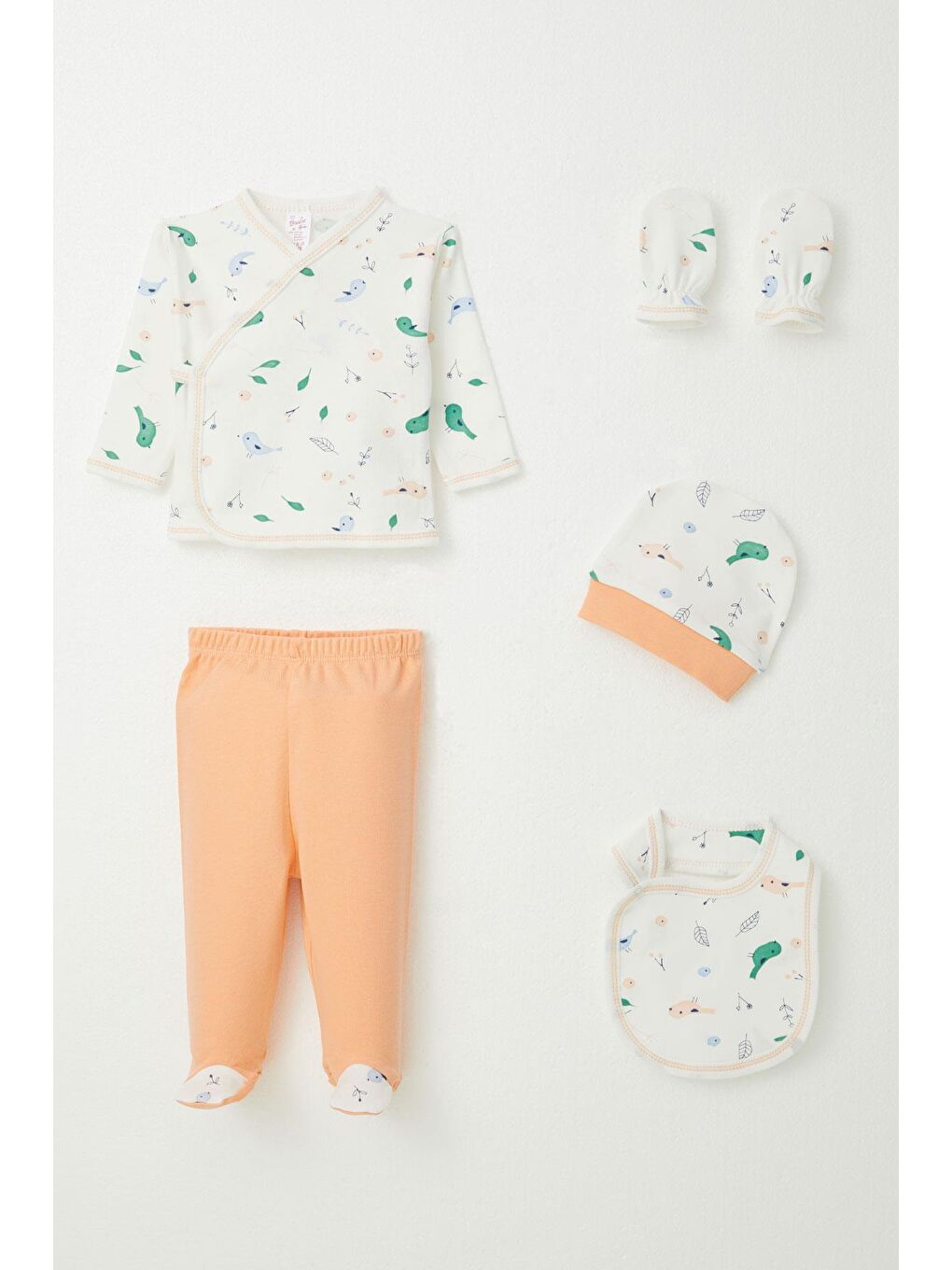 Kız Bebek Hastane Çıkışı 5 Li Bahar Temalı Sevimli Minik Serçe Desenli Ekru (0-3 Ay)