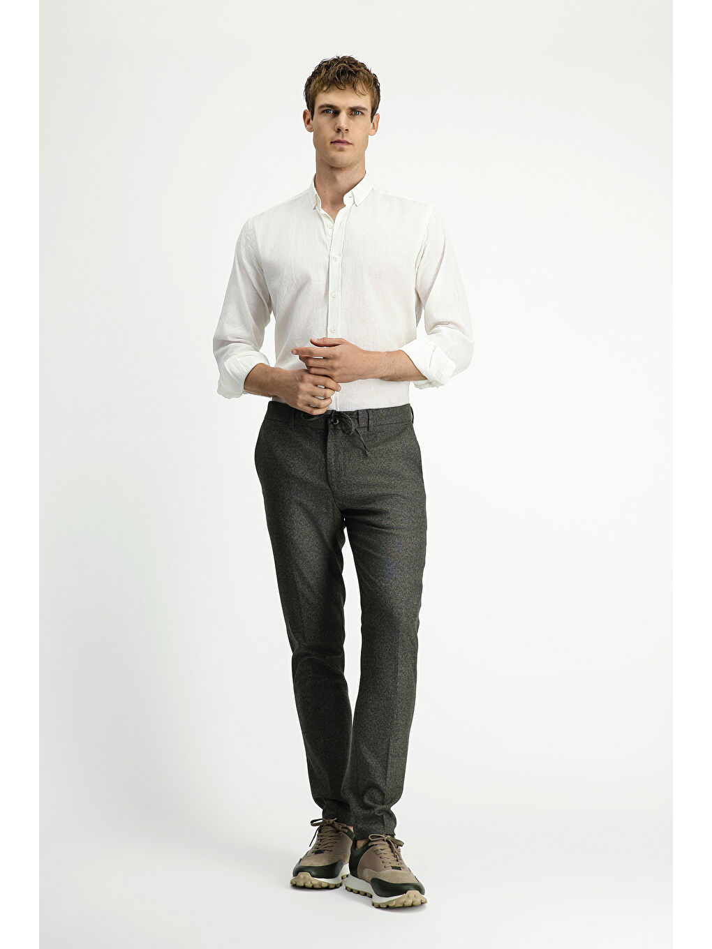 Haki Super Slim Fit Ekstra Dar Kesim Beli Lastikli İpli Desenli Elastanlı Klasik Kumaş Pantolon