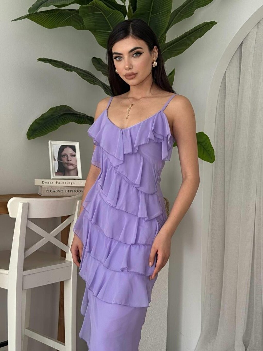 Lila Ples Yırtmaç Detaylı Elbise-8