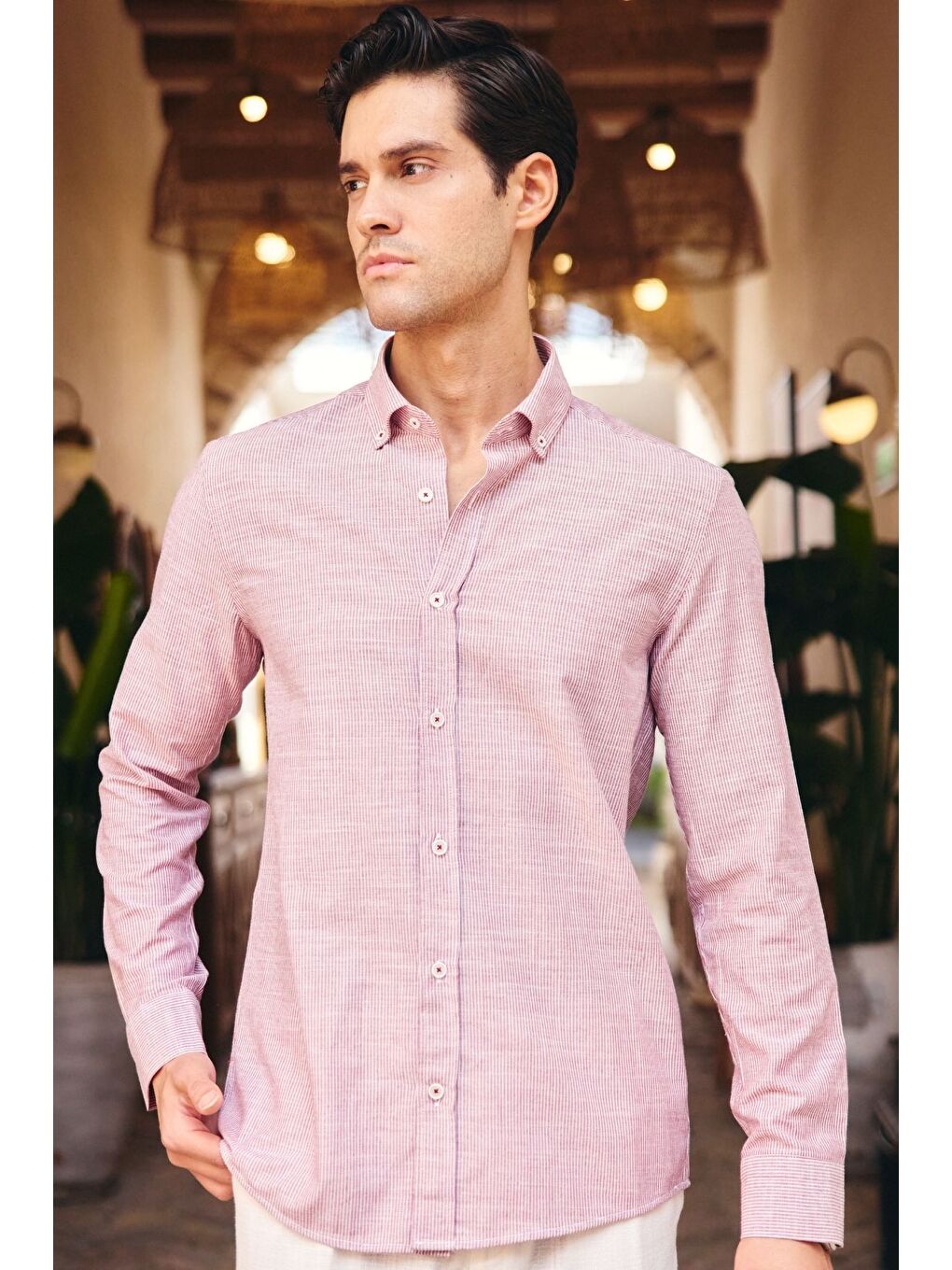 Pembe Kure Erkek Gömlek Modern Slim Fit Keten Görünümlü İnce ve Çizgili Doku-3