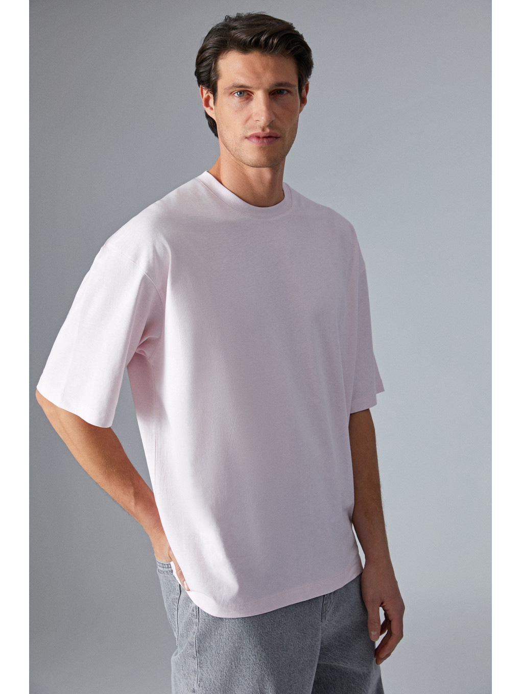 Erkek Oversize Fit Bisiklet Yaka Kısa Kollu %100 Organik Pamuk Pembe Tişört-2