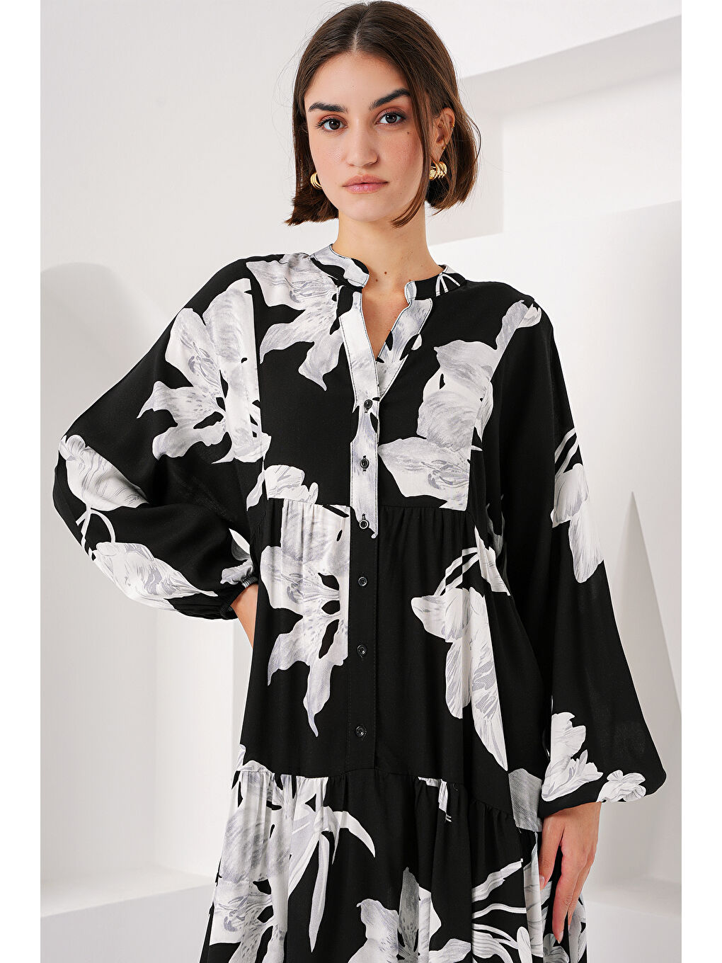 2423 Otantik Desenli Tesettür Elbise - J. Siyah-4