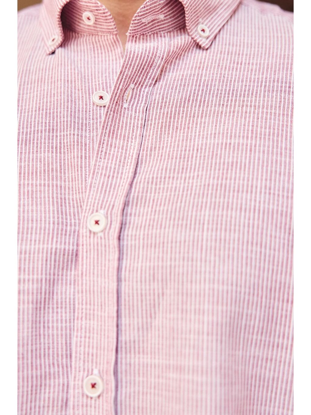 Pembe Kure Erkek Gömlek Modern Slim Fit Keten Görünümlü İnce ve Çizgili Doku-4