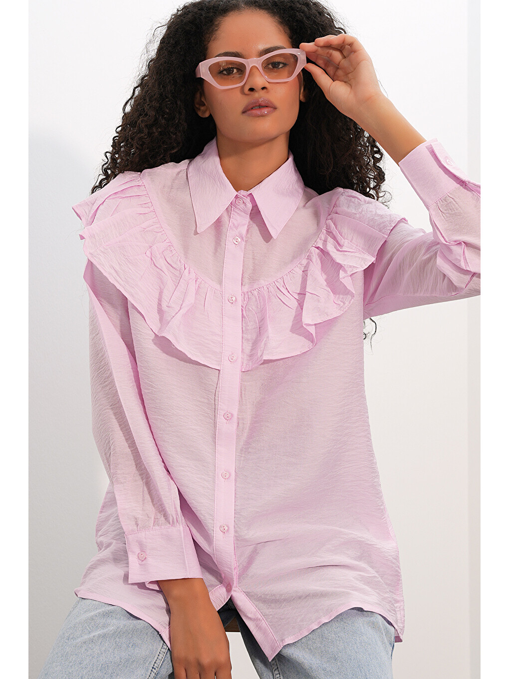 Pembe Kadın Fırfır Detaylı Gömlek Tunik 5994 - Pudra