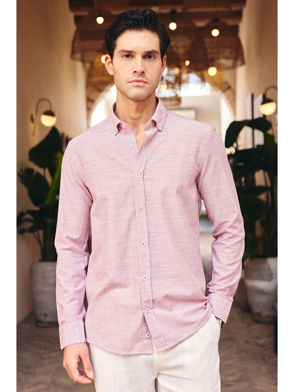 Pembe Kure Erkek Gömlek Modern Slim Fit Keten Görünümlü İnce ve Çizgili Doku-5