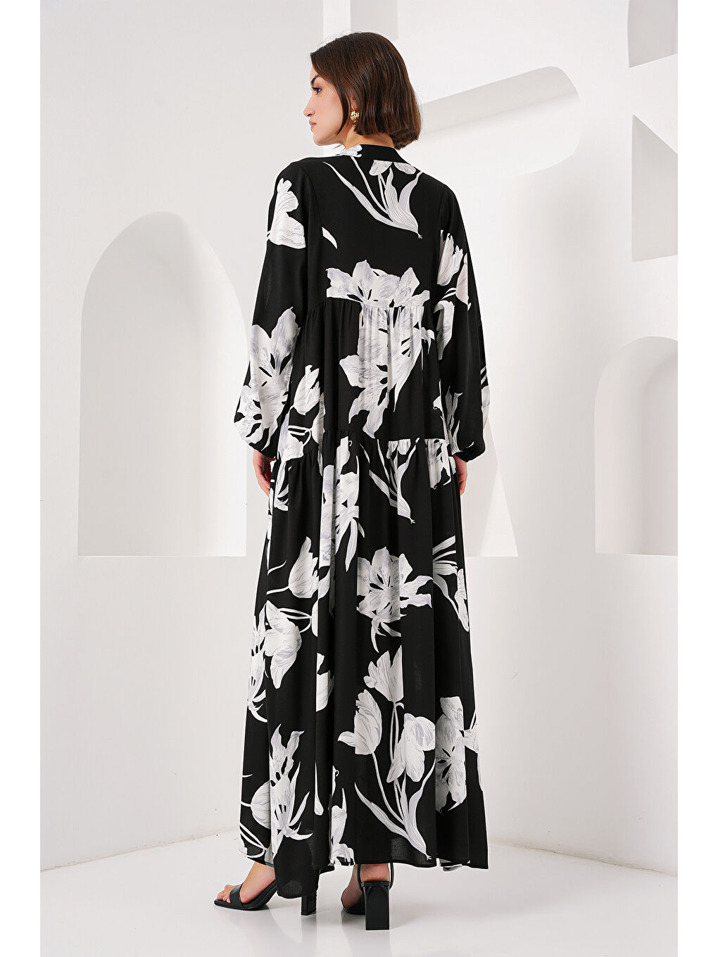2423 Otantik Desenli Tesettür Elbise - J. Siyah-5