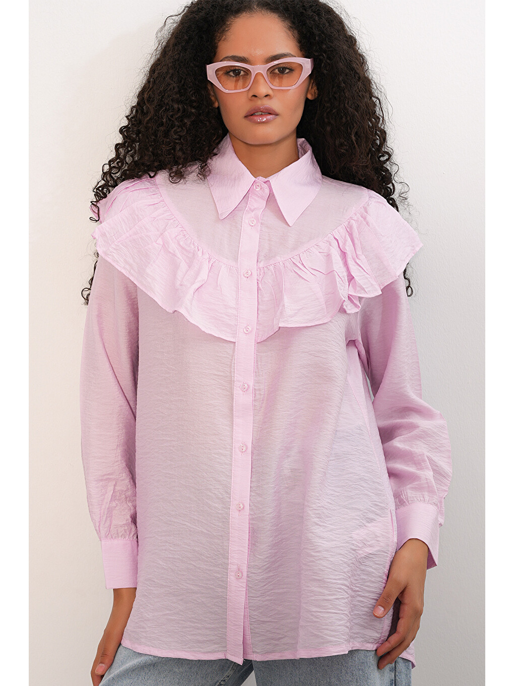 Pembe Kadın Fırfır Detaylı Gömlek Tunik 5994 - Pudra-2