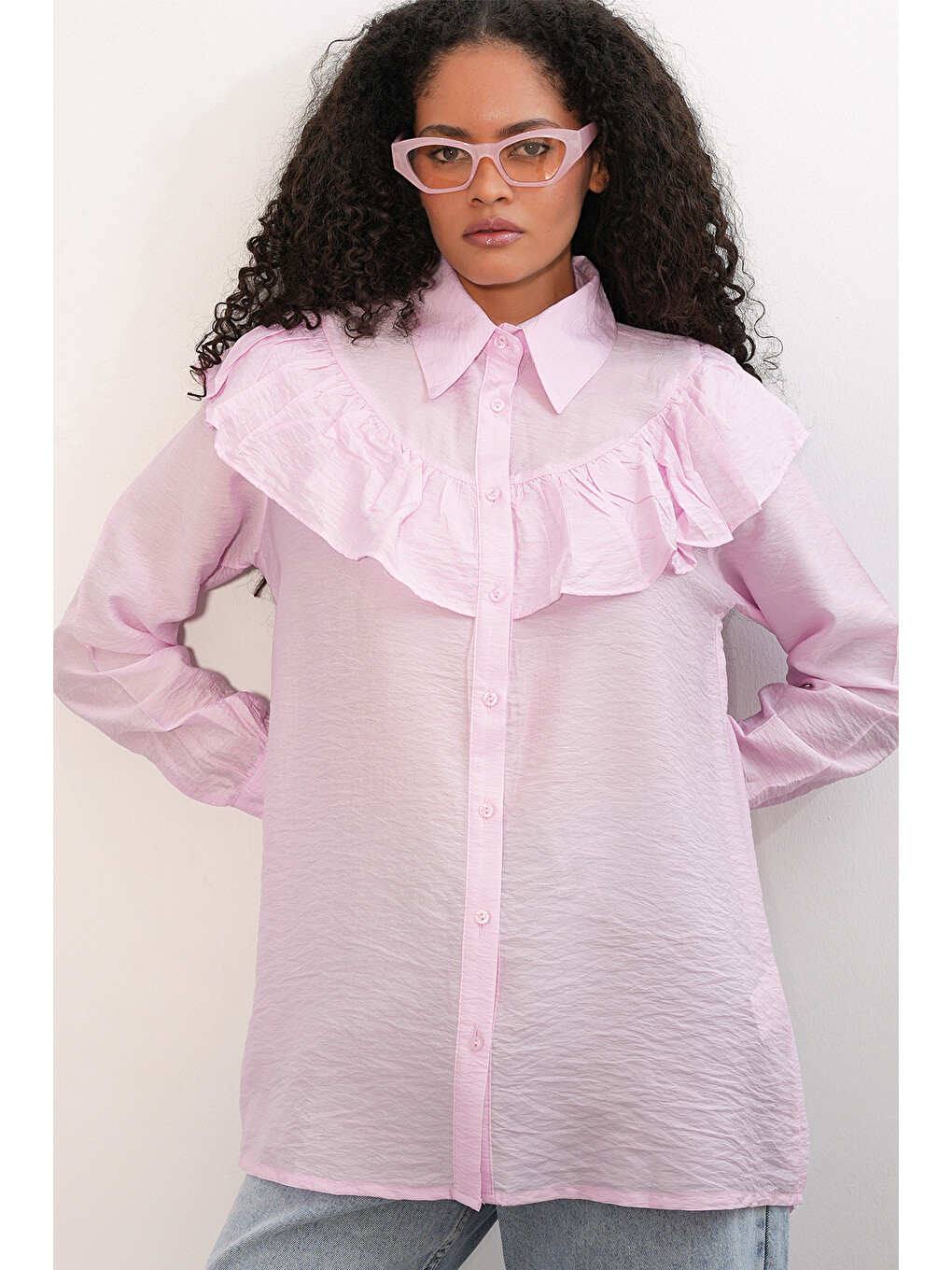 Pembe Kadın Fırfır Detaylı Gömlek Tunik 5994 - Pudra-3