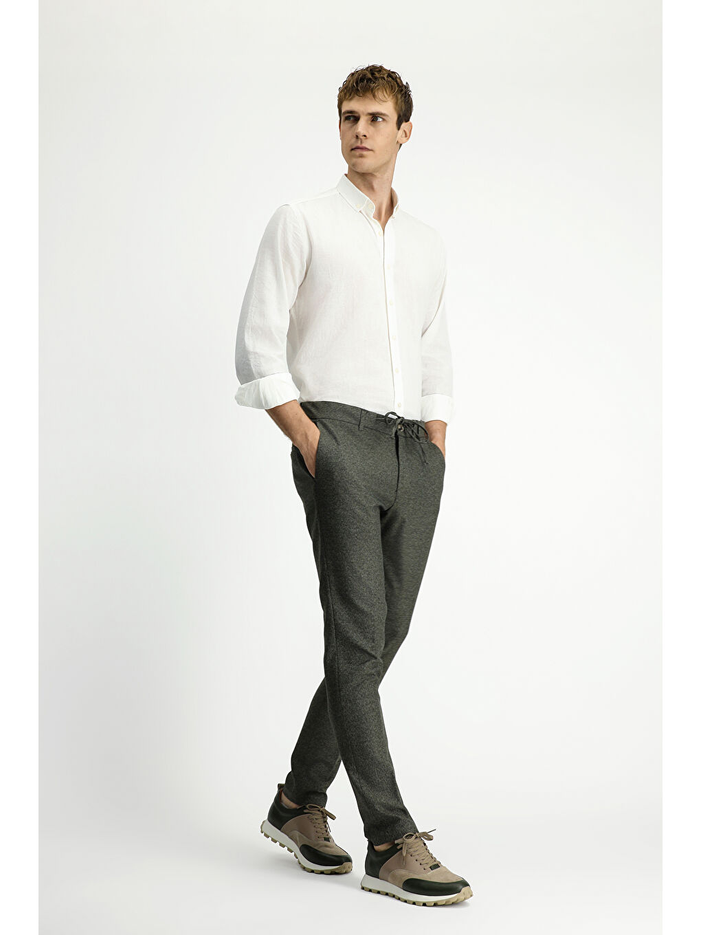 Haki Super Slim Fit Ekstra Dar Kesim Beli Lastikli İpli Desenli Elastanlı Klasik Kumaş Pantolon-1