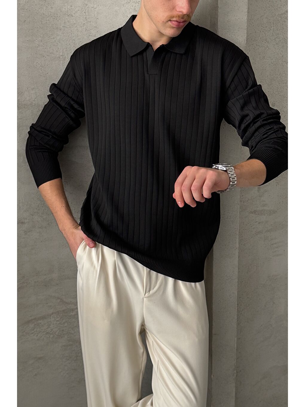 Siyah Erkek Polo Yaka Fitilli Oversize Triko Kazak