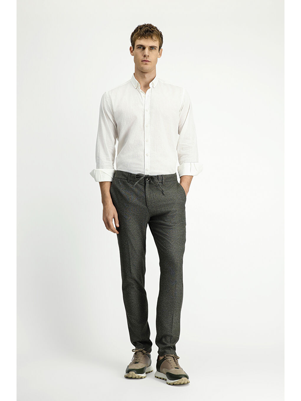 Haki Super Slim Fit Ekstra Dar Kesim Beli Lastikli İpli Desenli Elastanlı Klasik Kumaş Pantolon-2