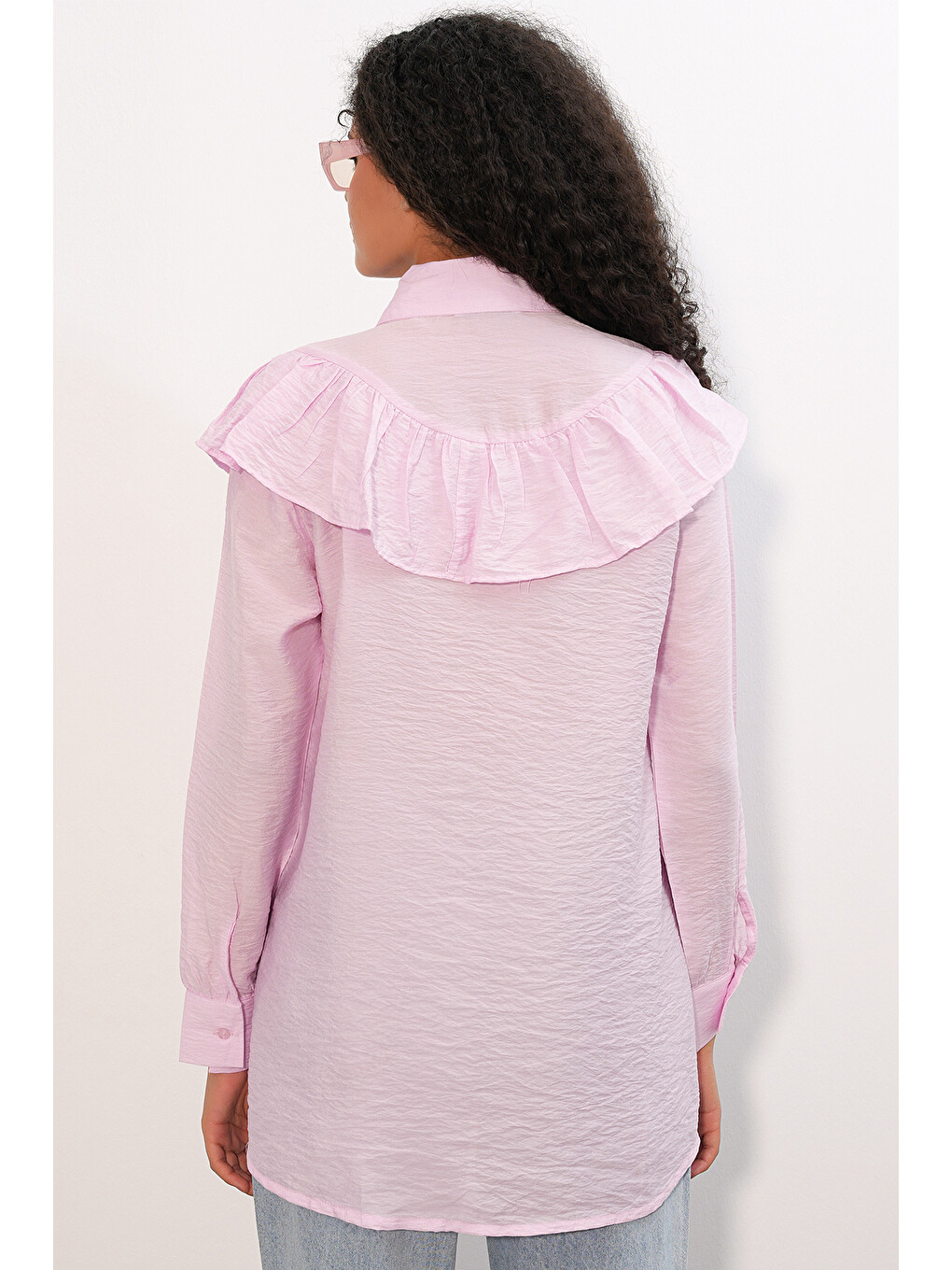 Pembe Kadın Fırfır Detaylı Gömlek Tunik 5994 - Pudra-5