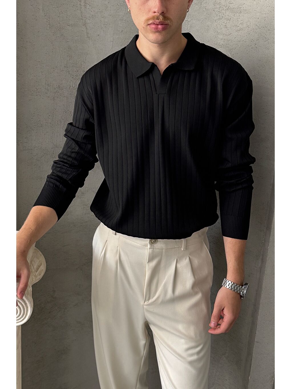 Siyah Erkek Polo Yaka Fitilli Oversize Triko Kazak-1