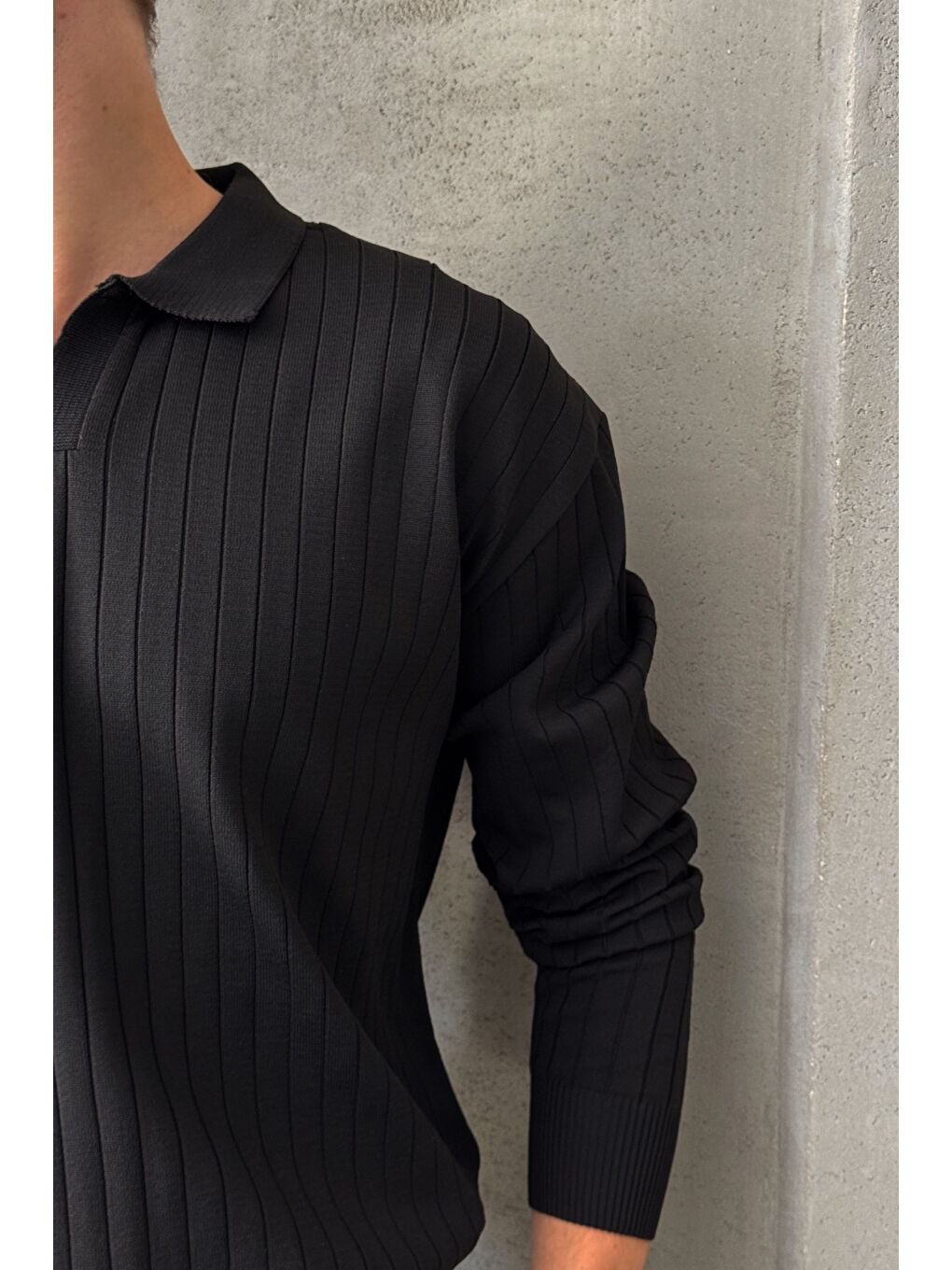 Siyah Erkek Polo Yaka Fitilli Oversize Triko Kazak-2