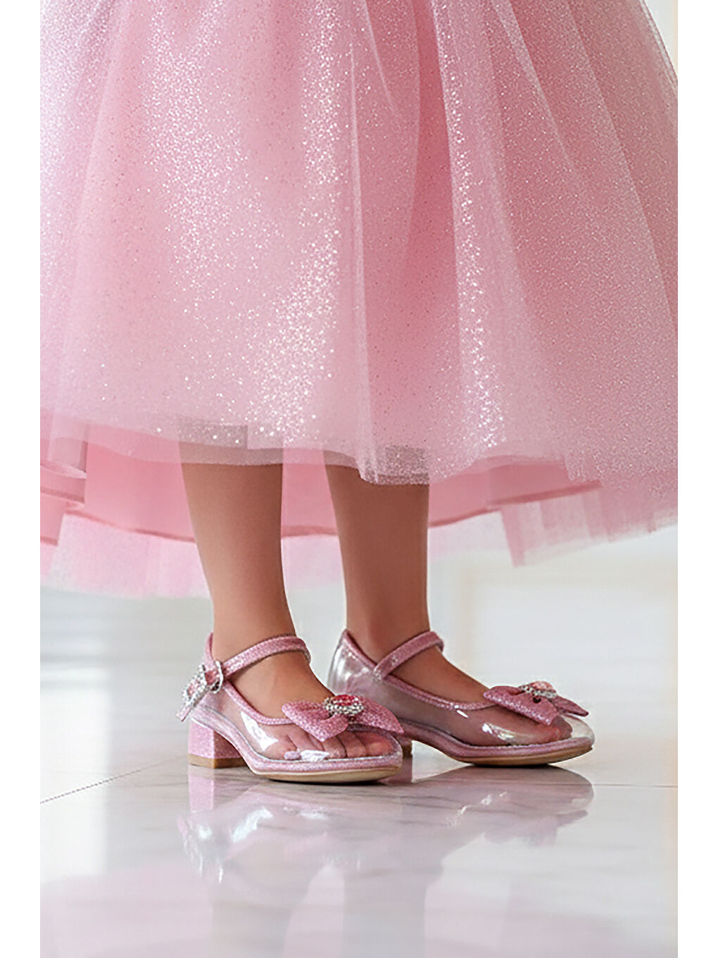 Pembe Asel Kız Çocuk Simli Topuklu Abiye Şeffaf Ayakkabı-2