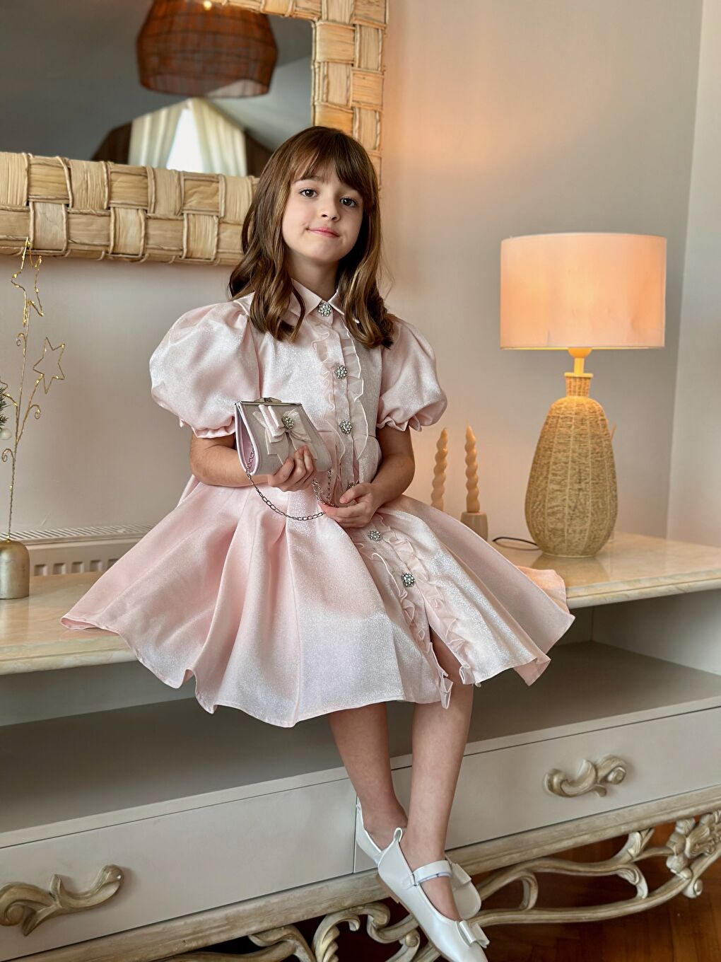 Pembe Kız Çocuk Özel Kısa Abiye Elbise Düğmeli Özel Tasarım Çanta Aksesuarlı_M2446-1