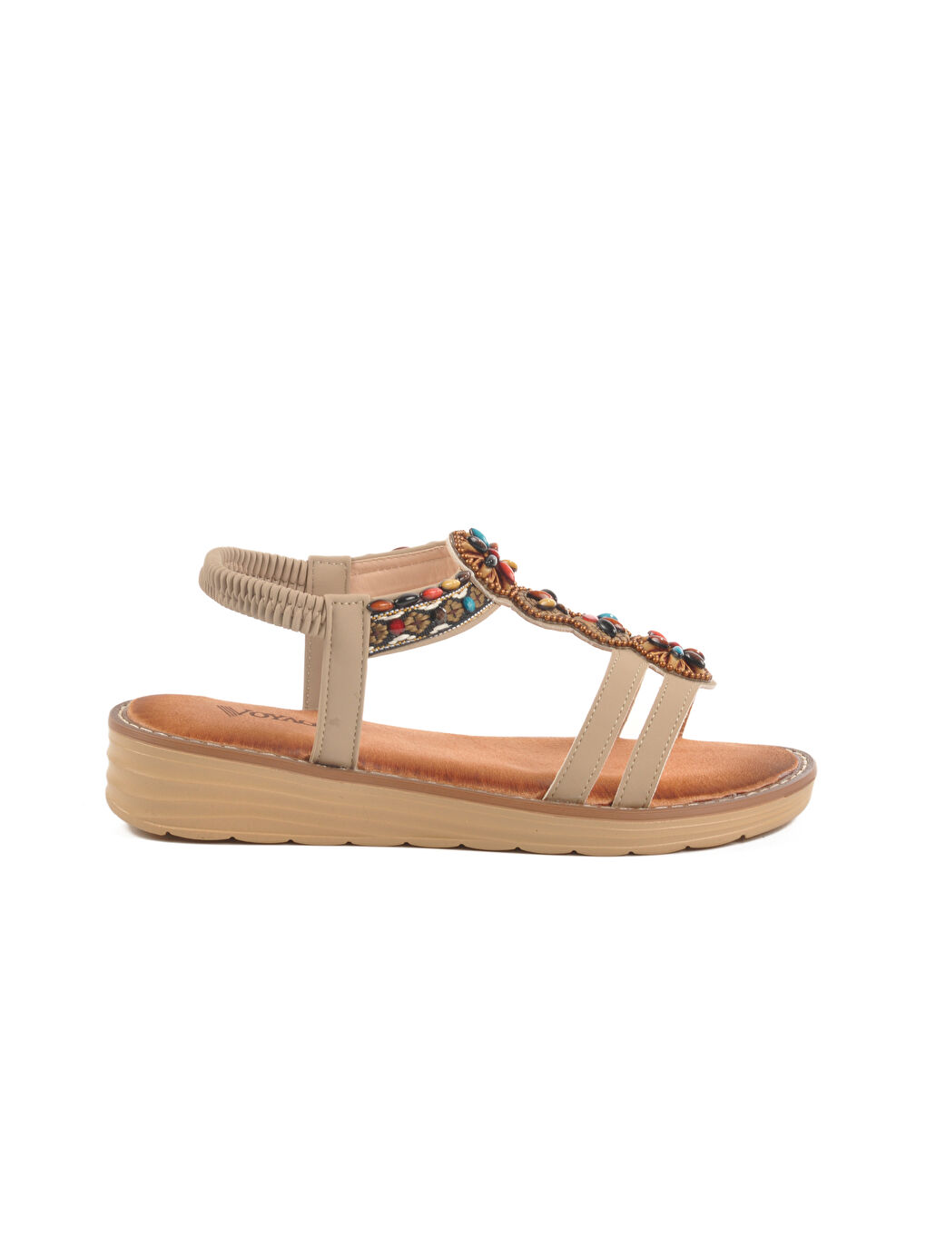 Bej Hakiki Deri Taş İşlemeli Kadın Sandalet 9634 Z
