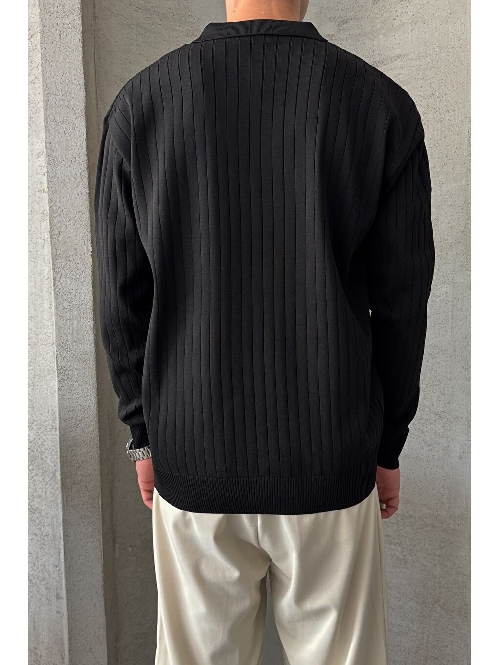 Siyah Erkek Polo Yaka Fitilli Oversize Triko Kazak-3