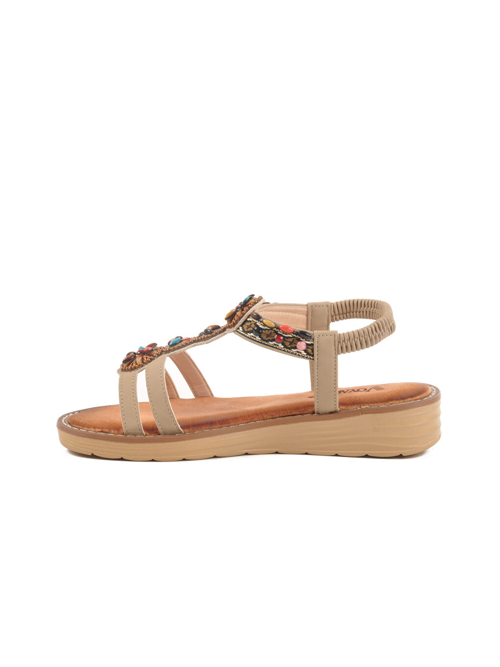 Bej Hakiki Deri Taş İşlemeli Kadın Sandalet 9634 Z-1