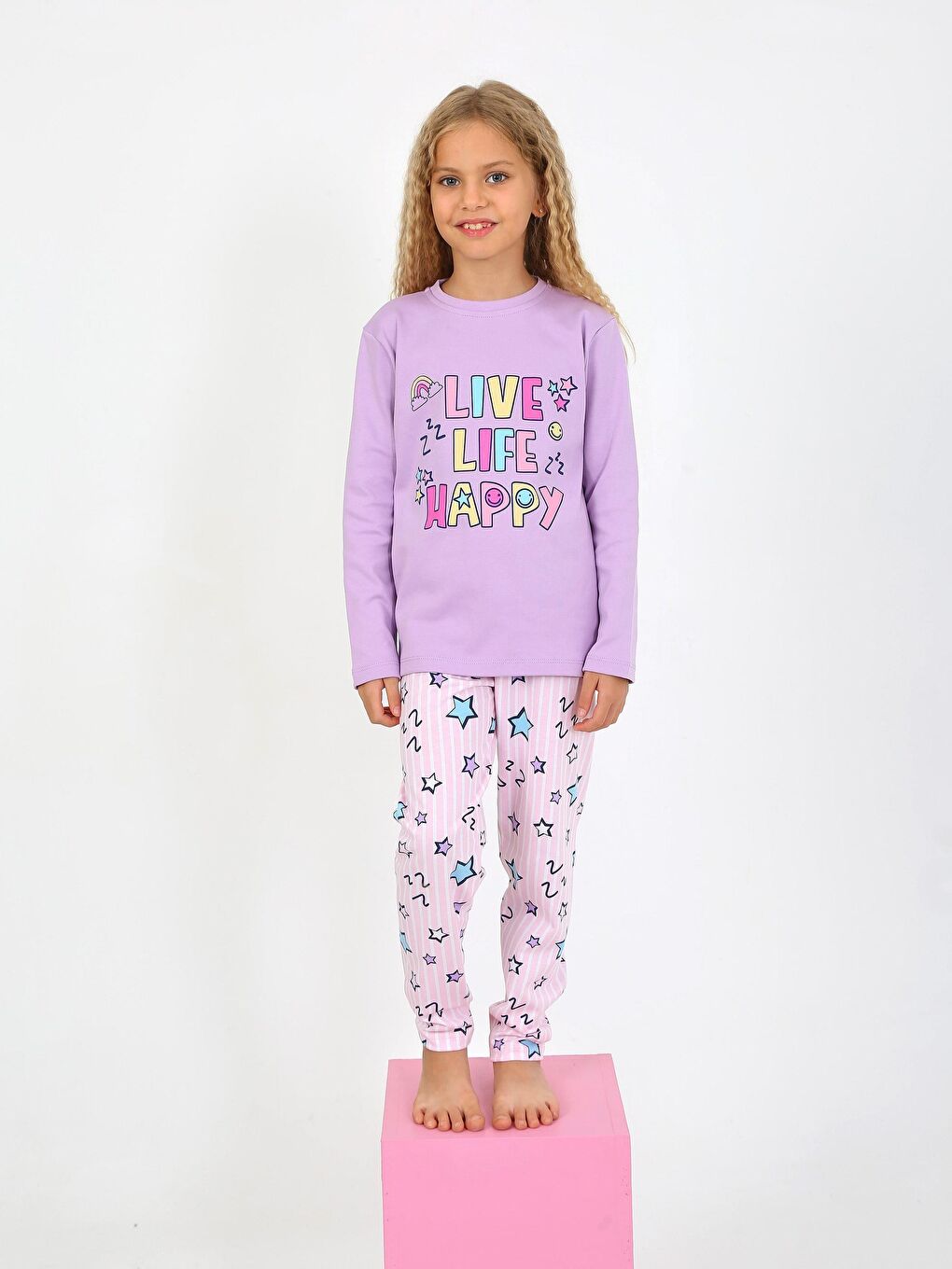 Lila Kız Çocuk Uzun Kollu %100 Pamuklu Pijama Takımı Happy Life
