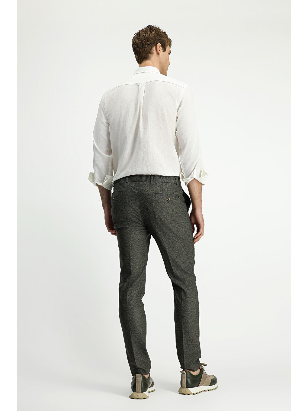 Haki Super Slim Fit Ekstra Dar Kesim Beli Lastikli İpli Desenli Elastanlı Klasik Kumaş Pantolon-3