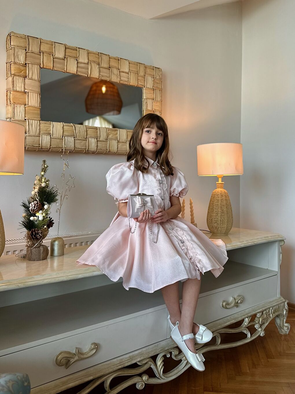 Pembe Kız Çocuk Özel Kısa Abiye Elbise Düğmeli Özel Tasarım Çanta Aksesuarlı_M2446-2