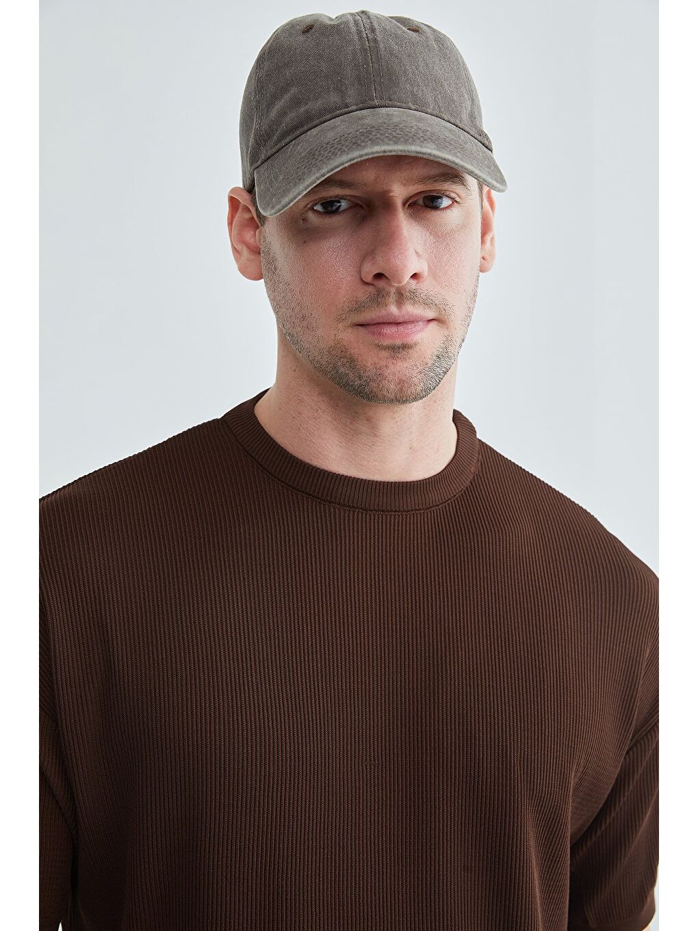 Kahverengi Selanik Örgüsü Desenli Triko Tişört-3