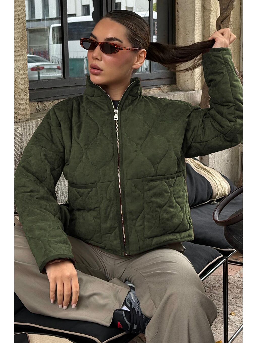 Haki Dik Yaka Kapitone Kadın Mont Mg2568