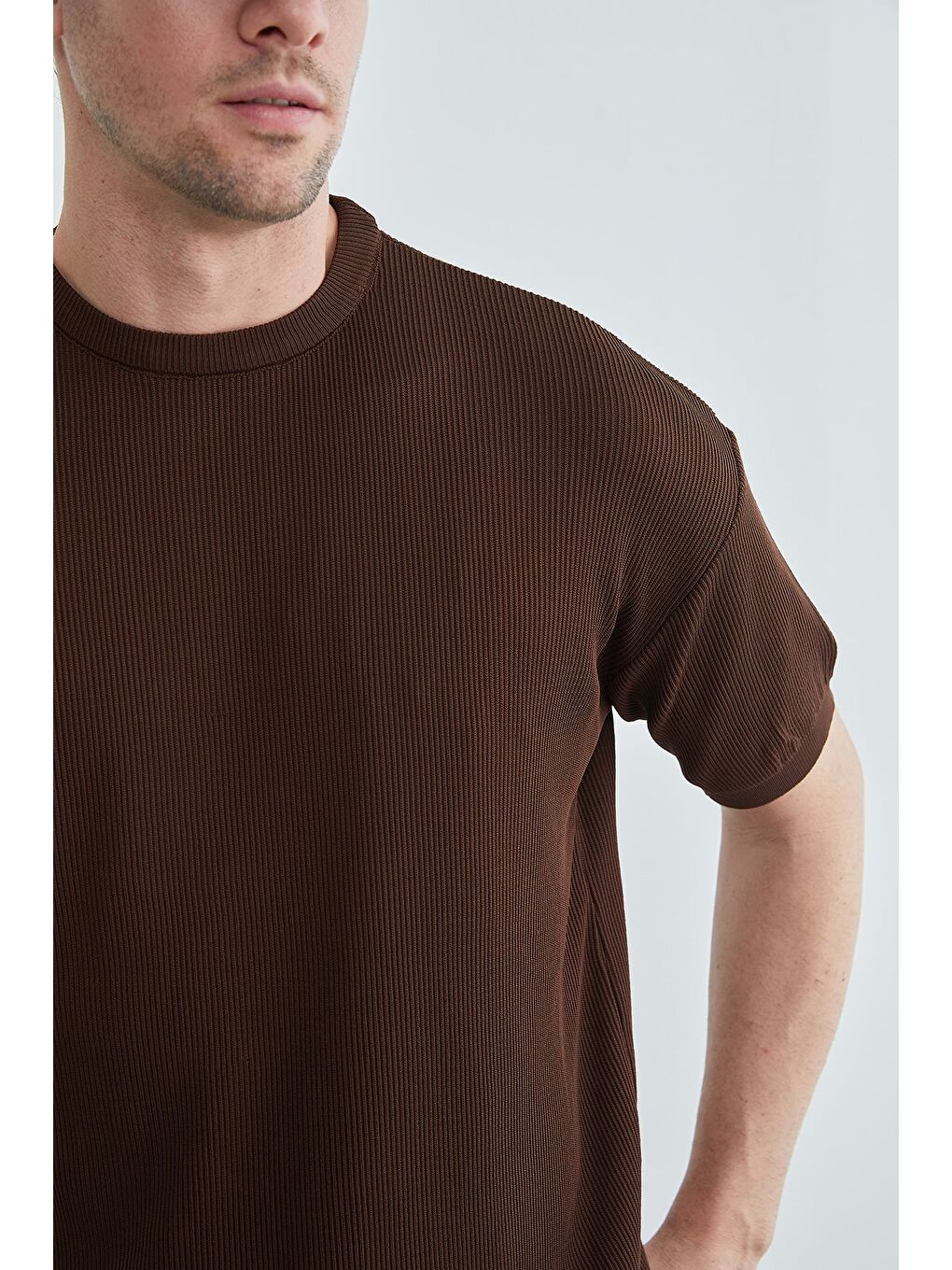 Kahverengi Selanik Örgüsü Desenli Triko Tişört-4