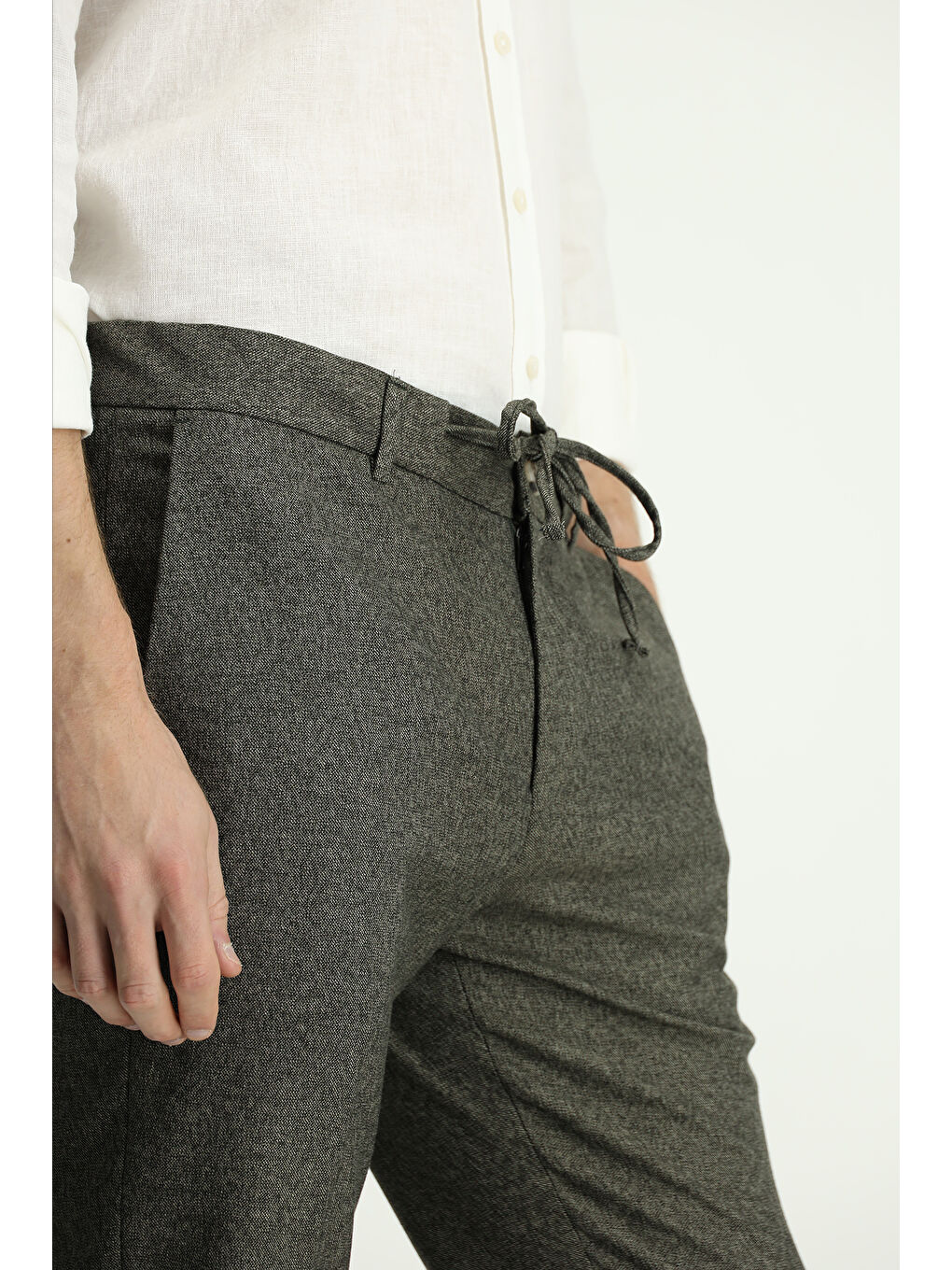 Haki Super Slim Fit Ekstra Dar Kesim Beli Lastikli İpli Desenli Elastanlı Klasik Kumaş Pantolon-4