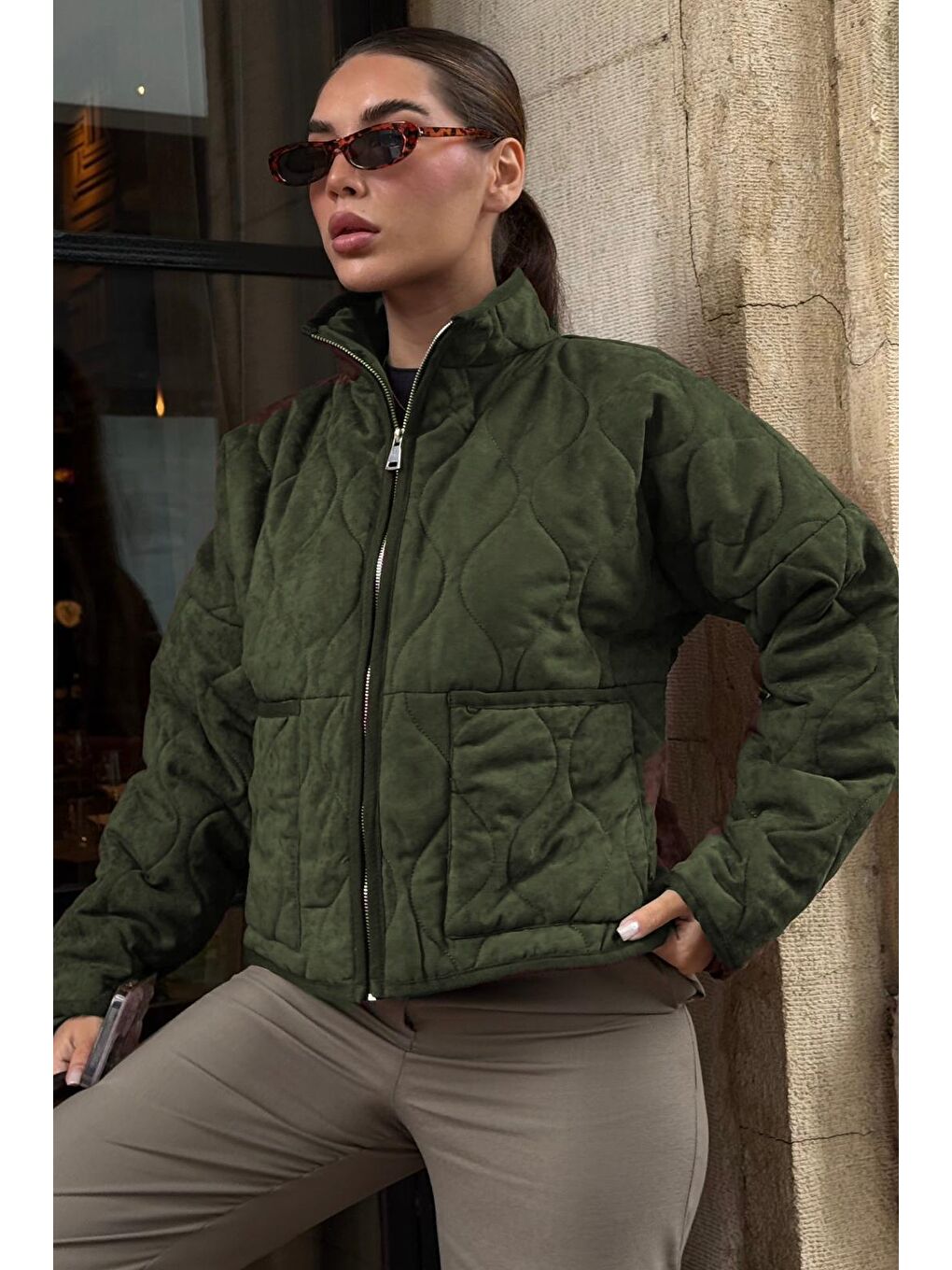 Haki Dik Yaka Kapitone Kadın Mont Mg2568-2