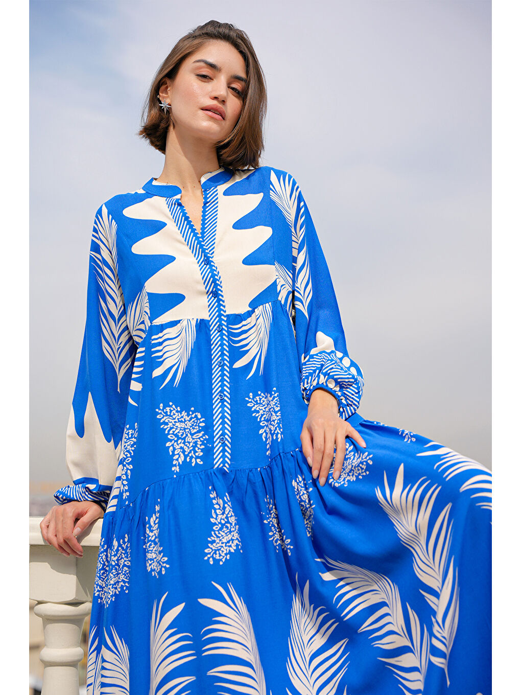 Mavi 2423 Otantik Desenli Tesettür Elbise - M. Saks-2