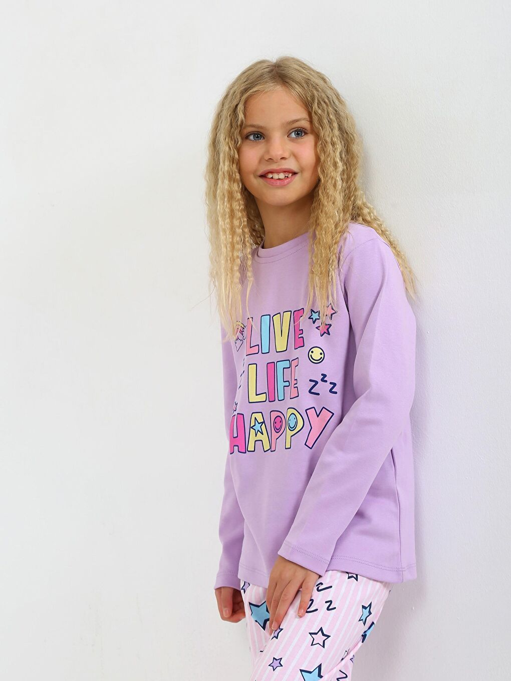 Lila Kız Çocuk Uzun Kollu %100 Pamuklu Pijama Takımı Happy Life-2