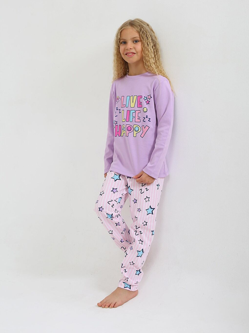 Lila Kız Çocuk Uzun Kollu %100 Pamuklu Pijama Takımı Happy Life-3