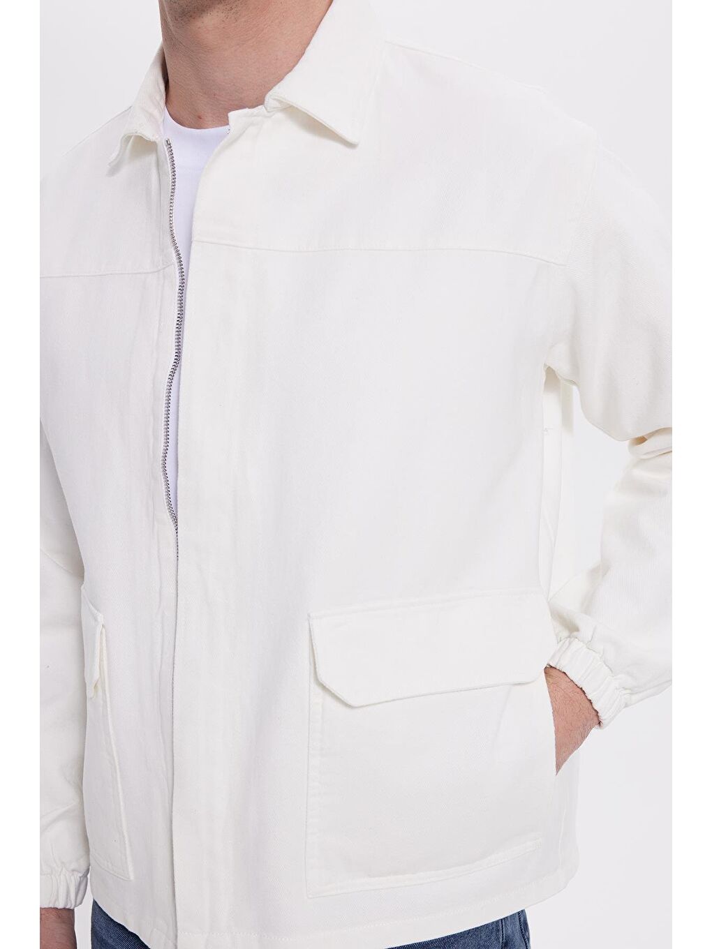 Erkek Relax Fit Rahat Kesim Çift Cep Denim Beyaz Jean Mont Gömlek-3