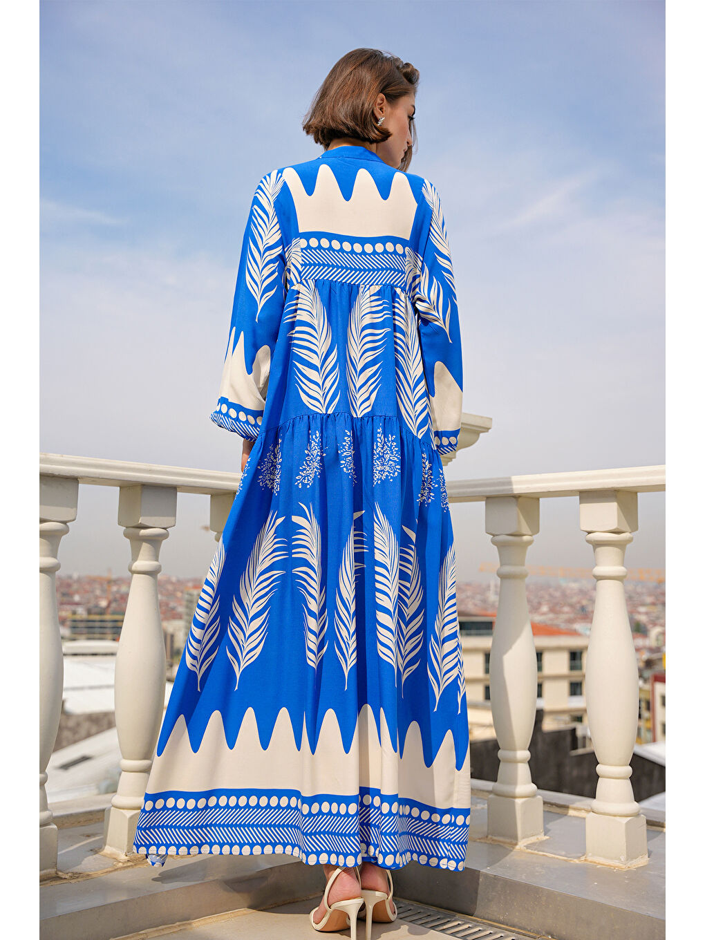 Mavi 2423 Otantik Desenli Tesettür Elbise - M. Saks-4