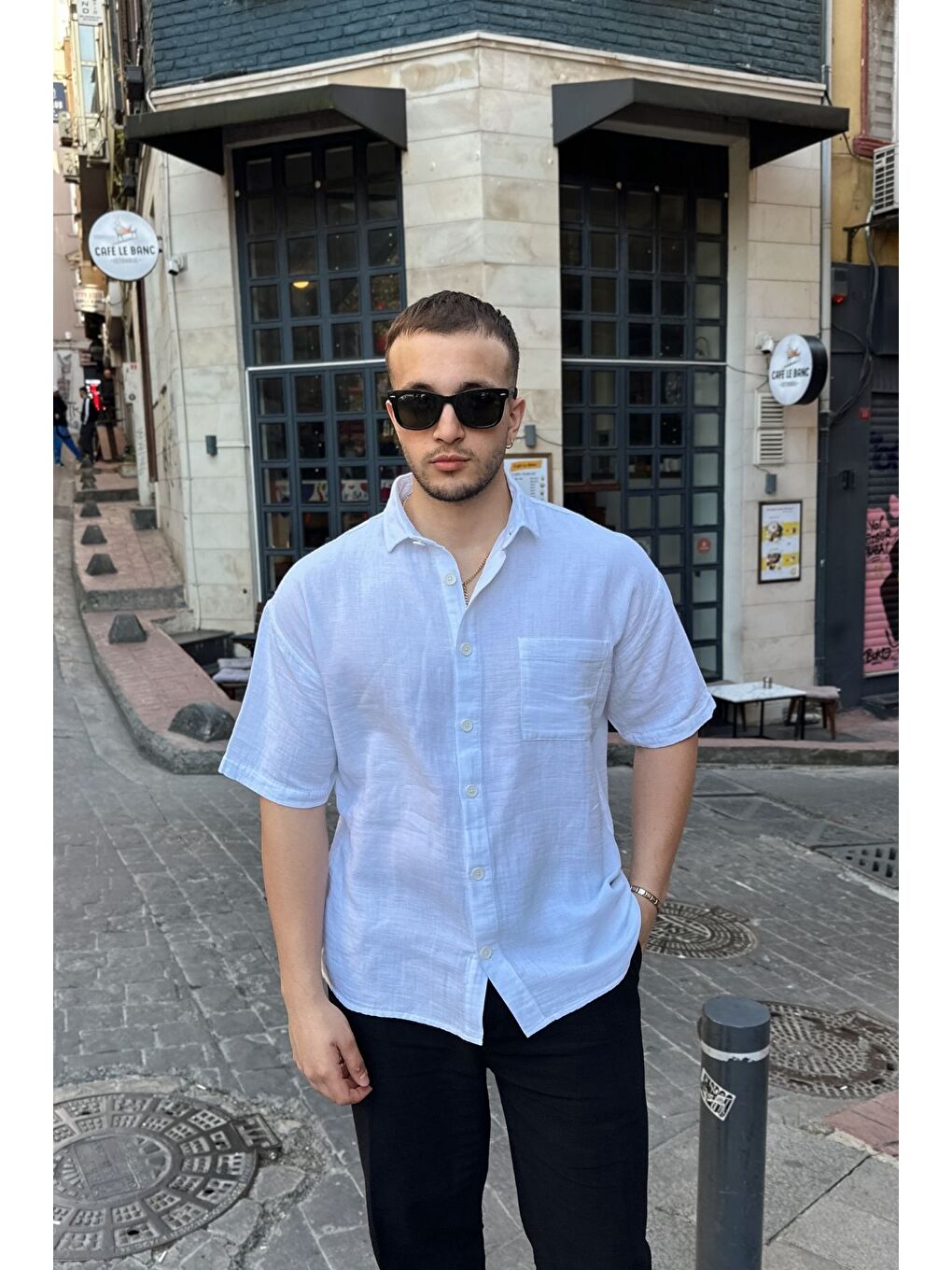 Beyaz Lora Erkek Yazlık Pamuk Gömlek Kısa Kollu Cepli Bol Kesim-1