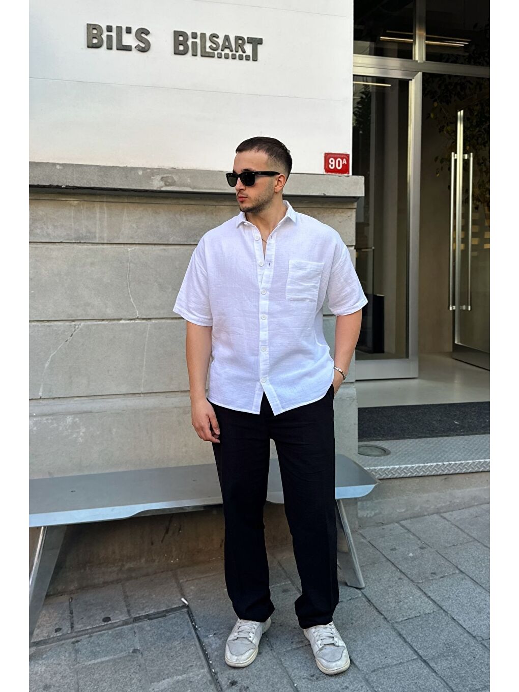 Beyaz Lora Erkek Yazlık Pamuk Gömlek Kısa Kollu Cepli Bol Kesim-2