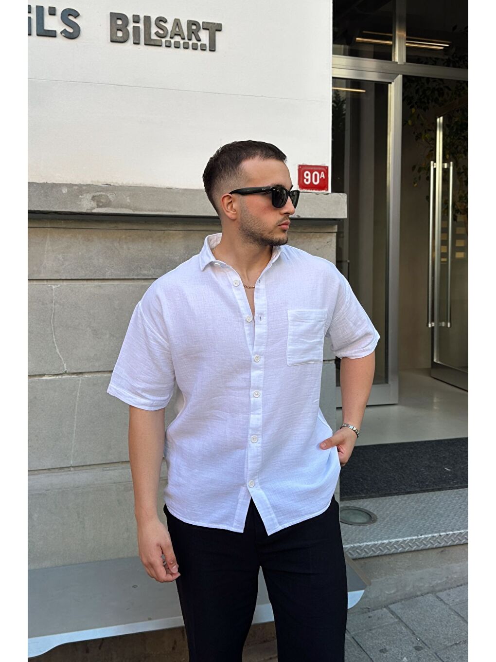 Beyaz Lora Erkek Yazlık Pamuk Gömlek Kısa Kollu Cepli Bol Kesim-3