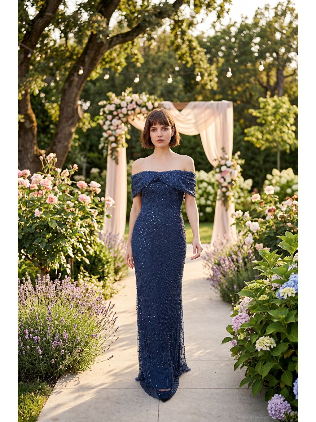 Kadın Lacivert Kayık Yaka Boncuklu Uzun Balık Abiye Elbise-4