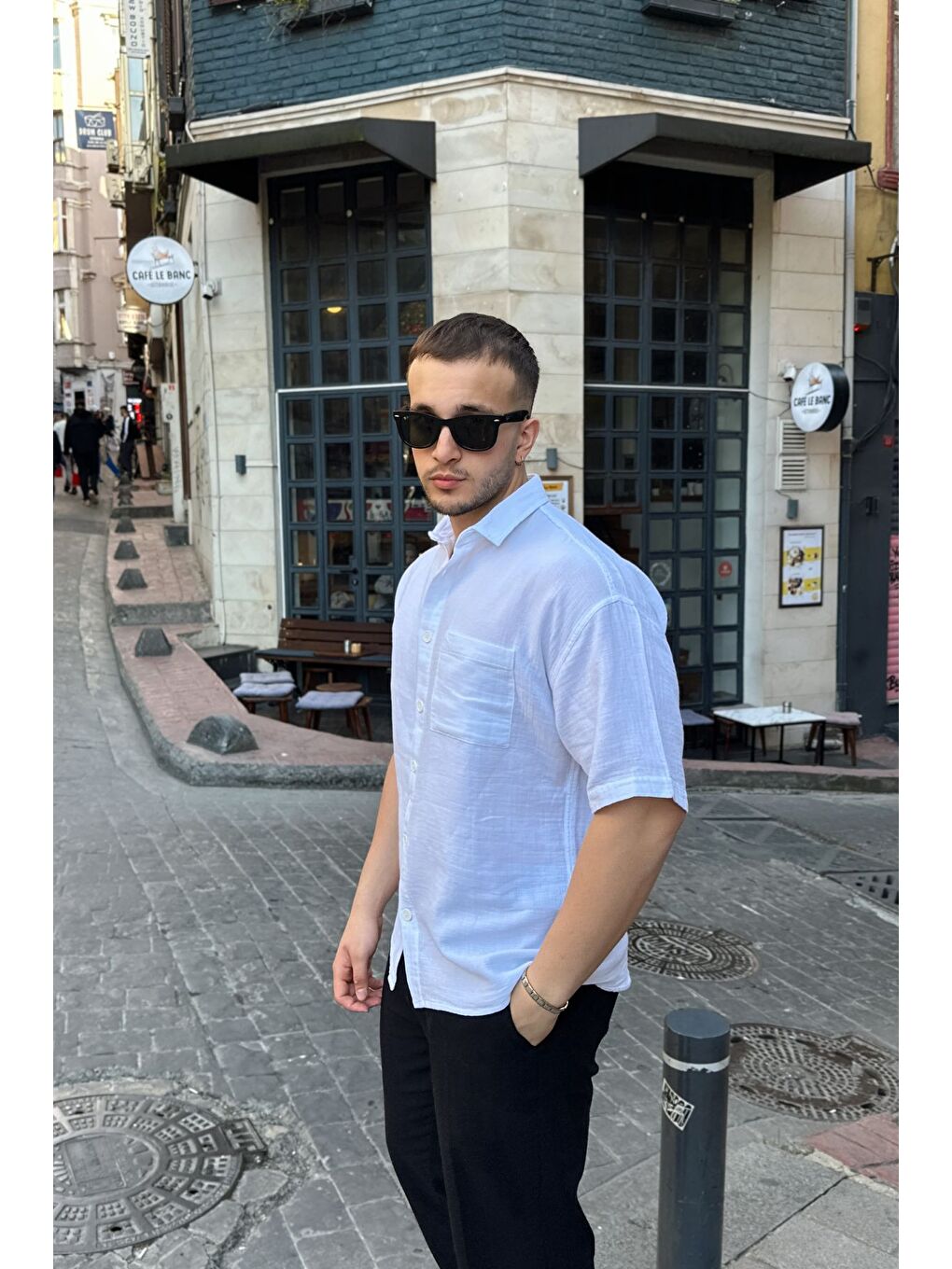 Beyaz Lora Erkek Yazlık Pamuk Gömlek Kısa Kollu Cepli Bol Kesim-4