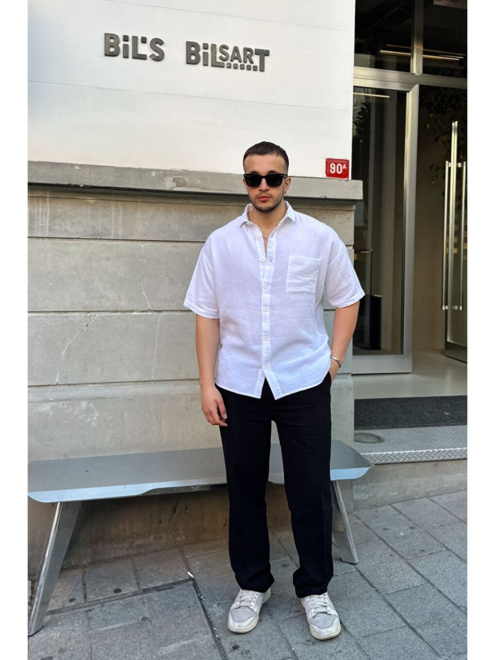 Beyaz Lora Erkek Yazlık Pamuk Gömlek Kısa Kollu Cepli Bol Kesim-5